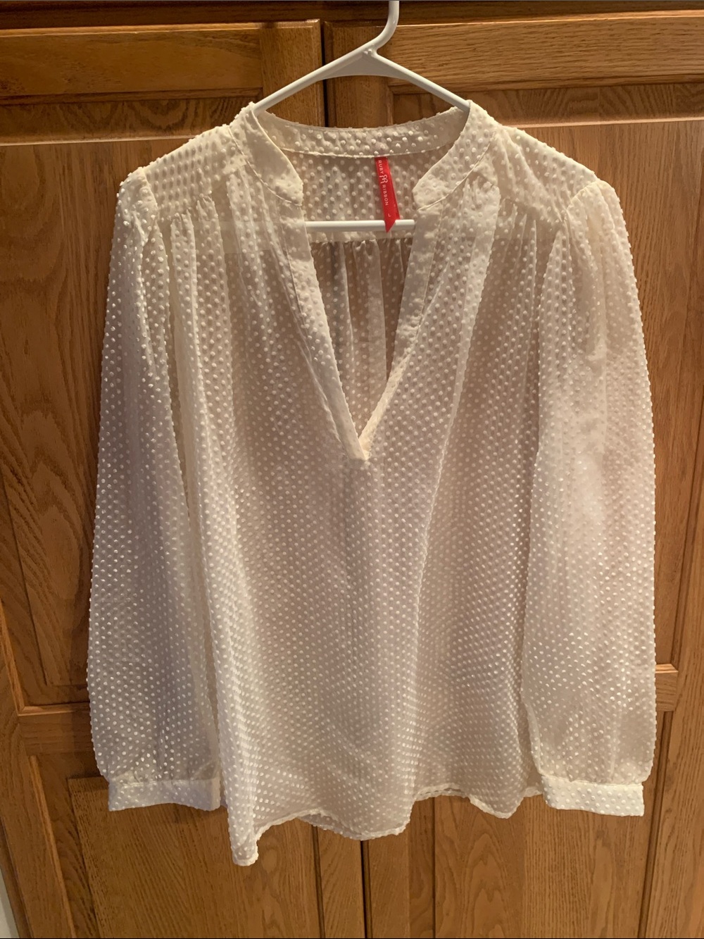White Swiss Dot V-Neck Long-Sleeve Blouse by Ruby Ribbon